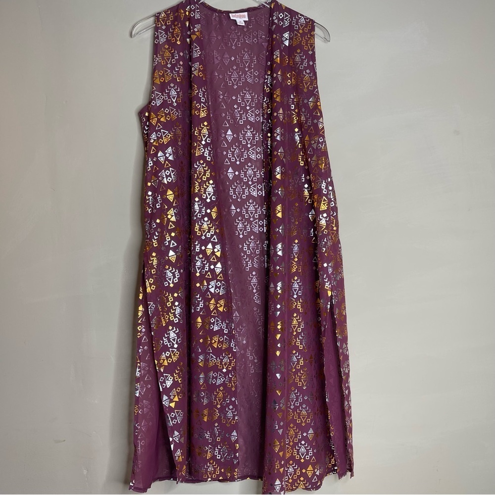 LulaRoe Joy Maroon Metallic Print Vest Long Cardigan